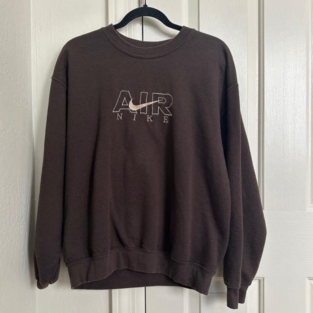 Vintage 90s Nike AIR Embroidered Swoosh‎ Crewneck Sweatshirt - Brown - Medium